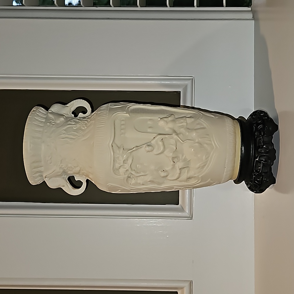 Vintage Asian Inspired Design Raised Relief Vase With Elephant Handles